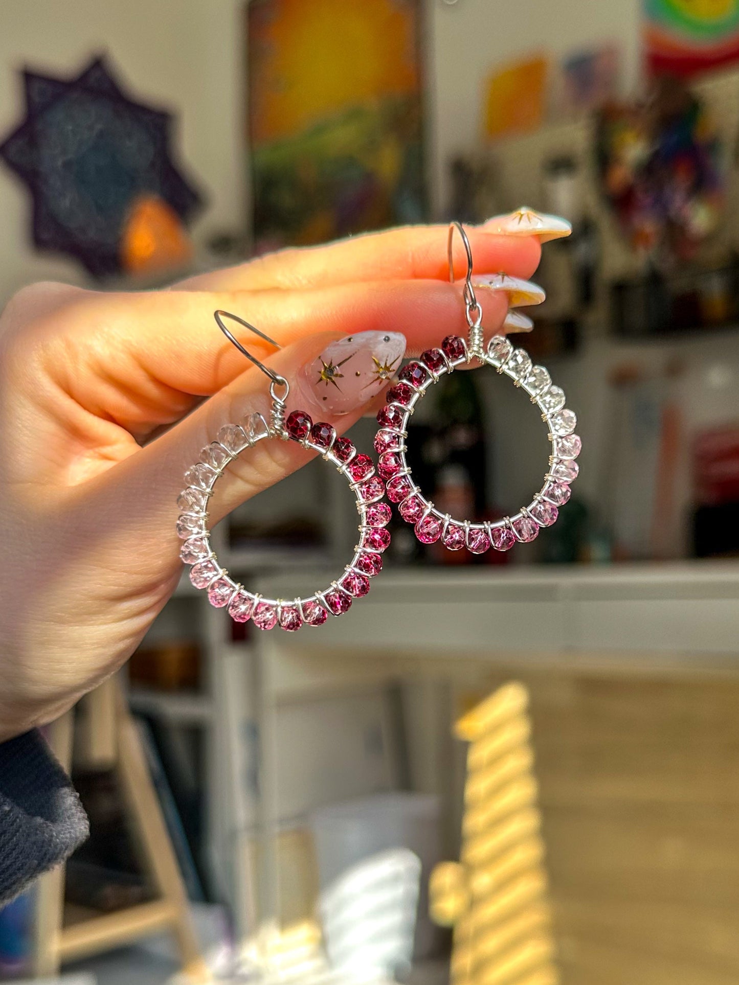 "Pink Aura" Silver Hoops